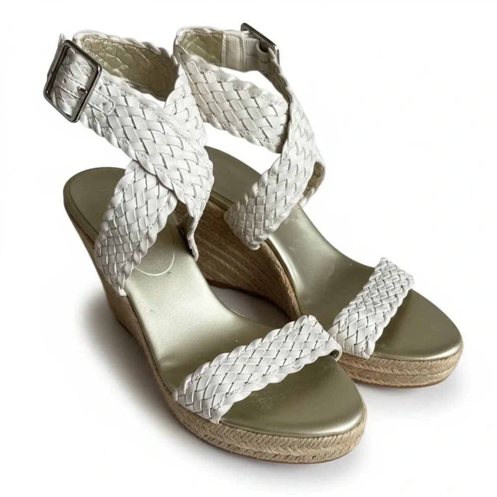 BCBG Generation White Braided Espadrille Wedge Heel Sandals Resort Shoes Size 8